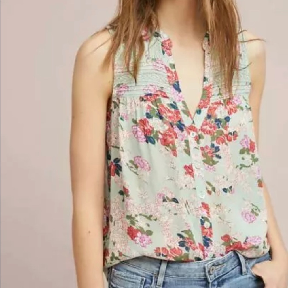 Anthropologie Mint Floral Sleeveless V-Neck Blouse
